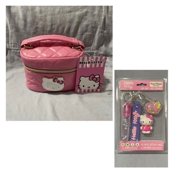 Sanrio Handbags - NEW Sanrio Hello Kitty Pink Makeup Box Quilt-Like Mini Purse w/ Chain & Lip Set